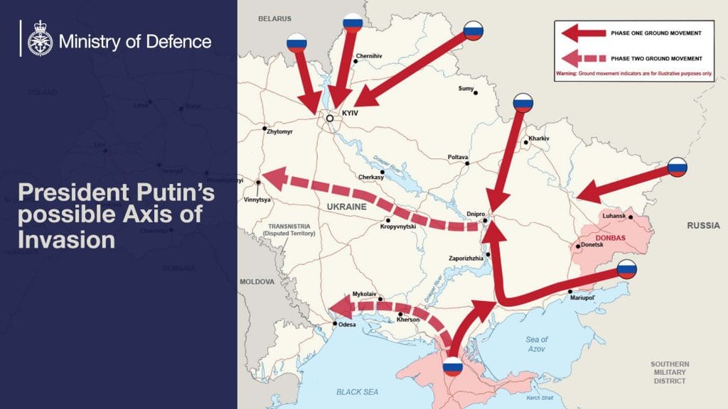 Міністерство оборони Великобританії опублікувало карту, на якій показало можливі напрями вторгнення російських військ в Україну.