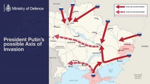 Міністерство оборони Великобританії опублікувало карту, на якій показало можливі напрями вторгнення російських військ в Україну.