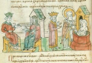 Хрещення в Царграді. Мініатюра з Радзивілівського літопису