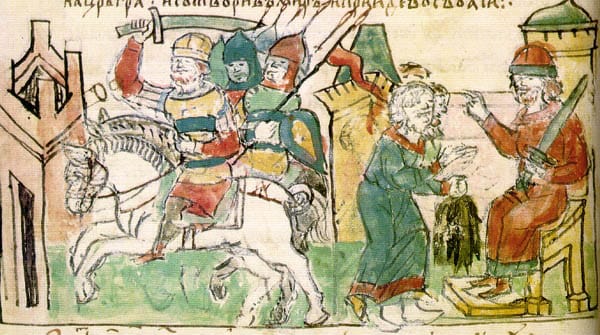 Ігор збирає данину з деревлян (Радзивіллівський літопис)